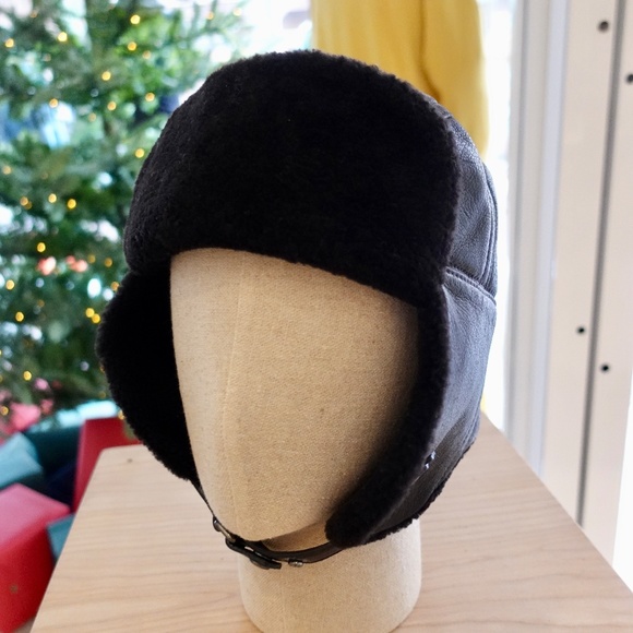 COACH Mens Aviator Motorcycle Hat MEDIUM Black Leather Shearling Vintage USA - Picture 5 of 12